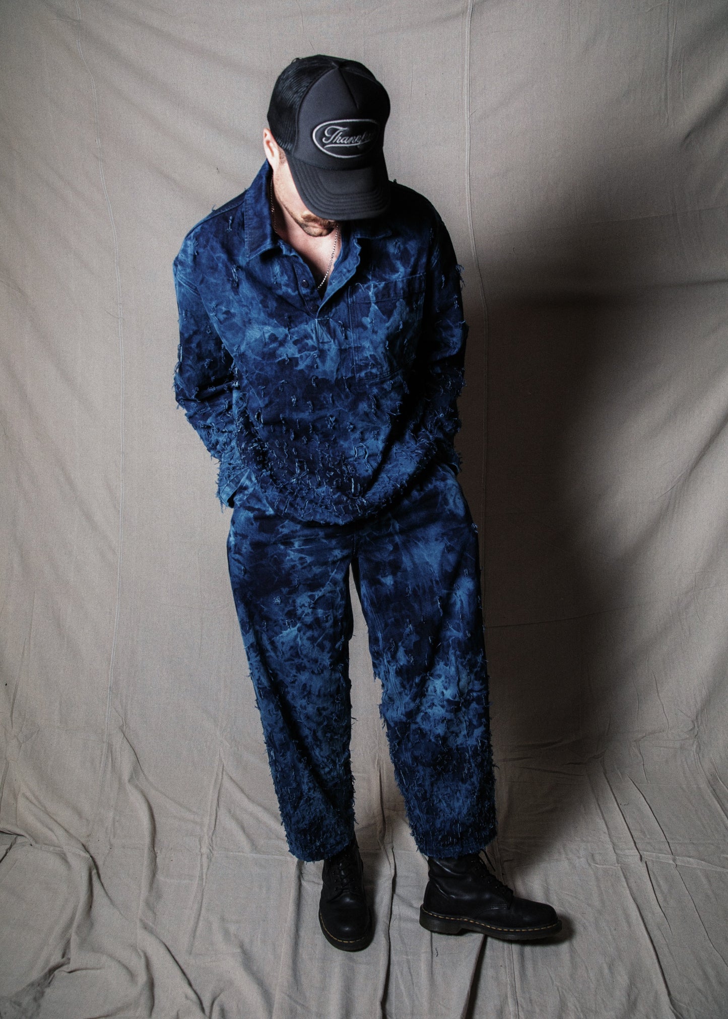 Distressed Denim 2-Piece Set (Pullover & Pants) in Maritime / MEDIUM or LARGE