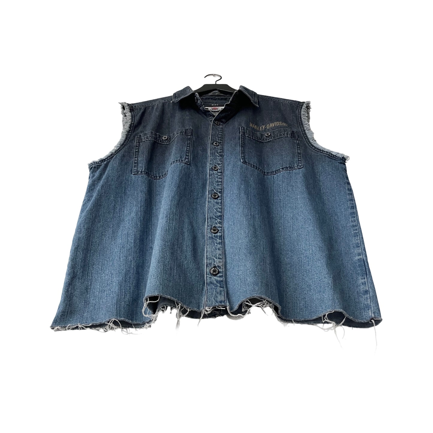 Harley Davidson Cropped Denim Sleeveless Shirt in Tidepool / LARGE