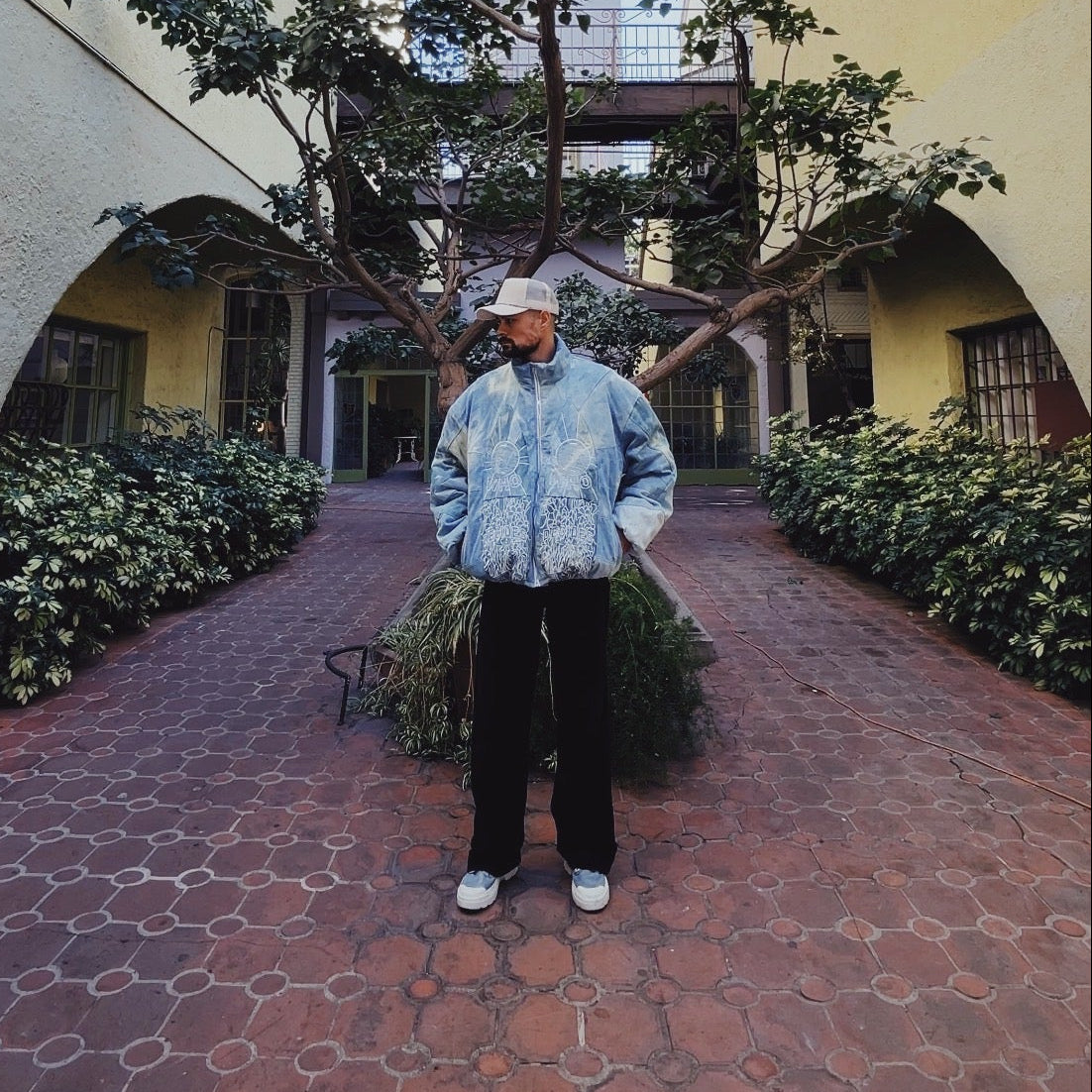 Who Decides War Embroidered Mosaic Denim Puffer Jacket in Firmament / XXL