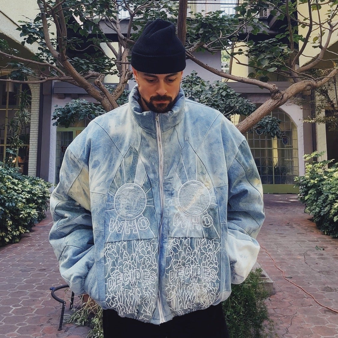 Who Decides War Embroidered Mosaic Denim Puffer Jacket in Firmament / XXL