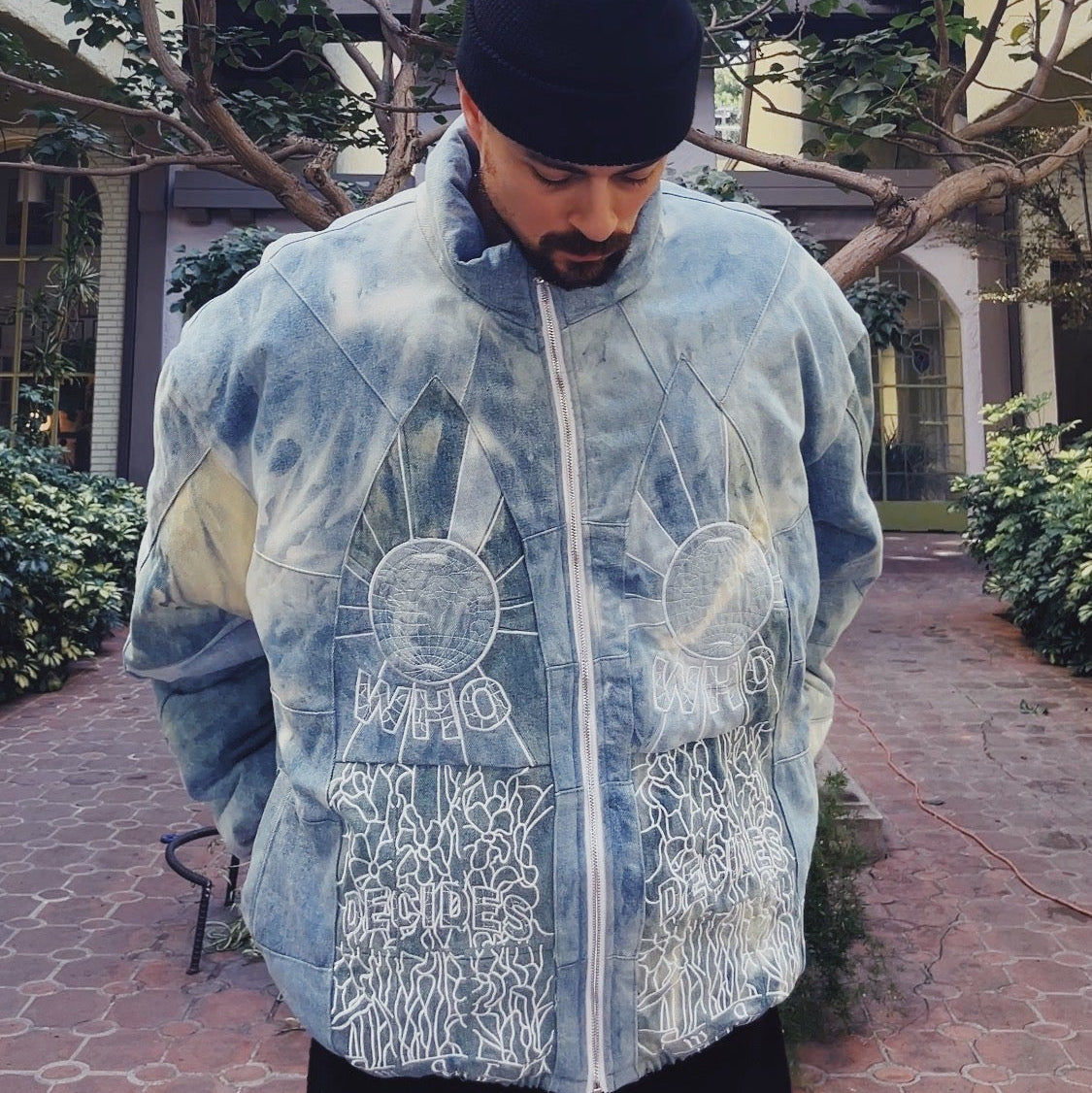 Who Decides War Embroidered Mosaic Denim Puffer Jacket in Firmament / XXL