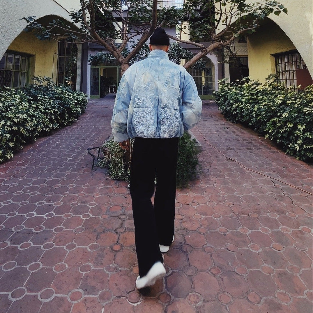 Who Decides War Embroidered Mosaic Denim Puffer Jacket in Firmament / XXL