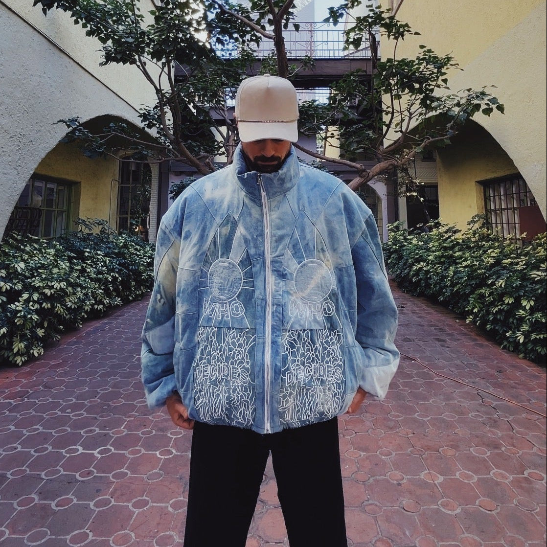 Who Decides War Embroidered Mosaic Denim Puffer Jacket in Firmament / XXL