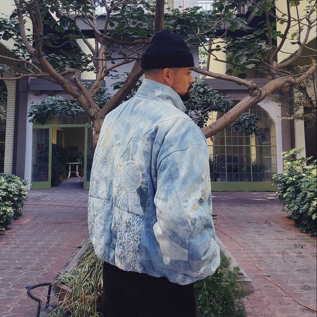 Who Decides War Embroidered Mosaic Denim Puffer Jacket in Firmament / XXL