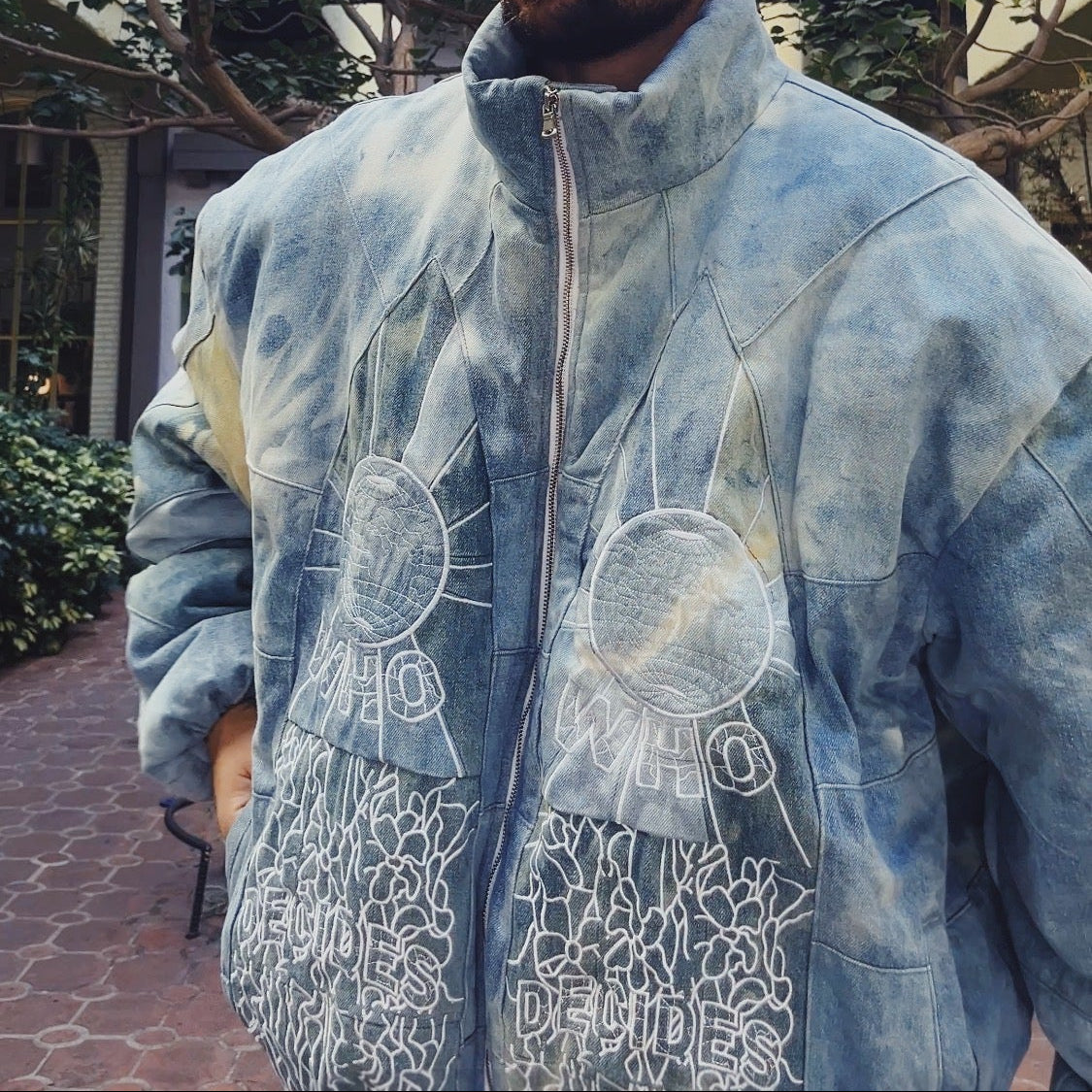 Who Decides War Embroidered Mosaic Denim Puffer Jacket in Firmament / XXL