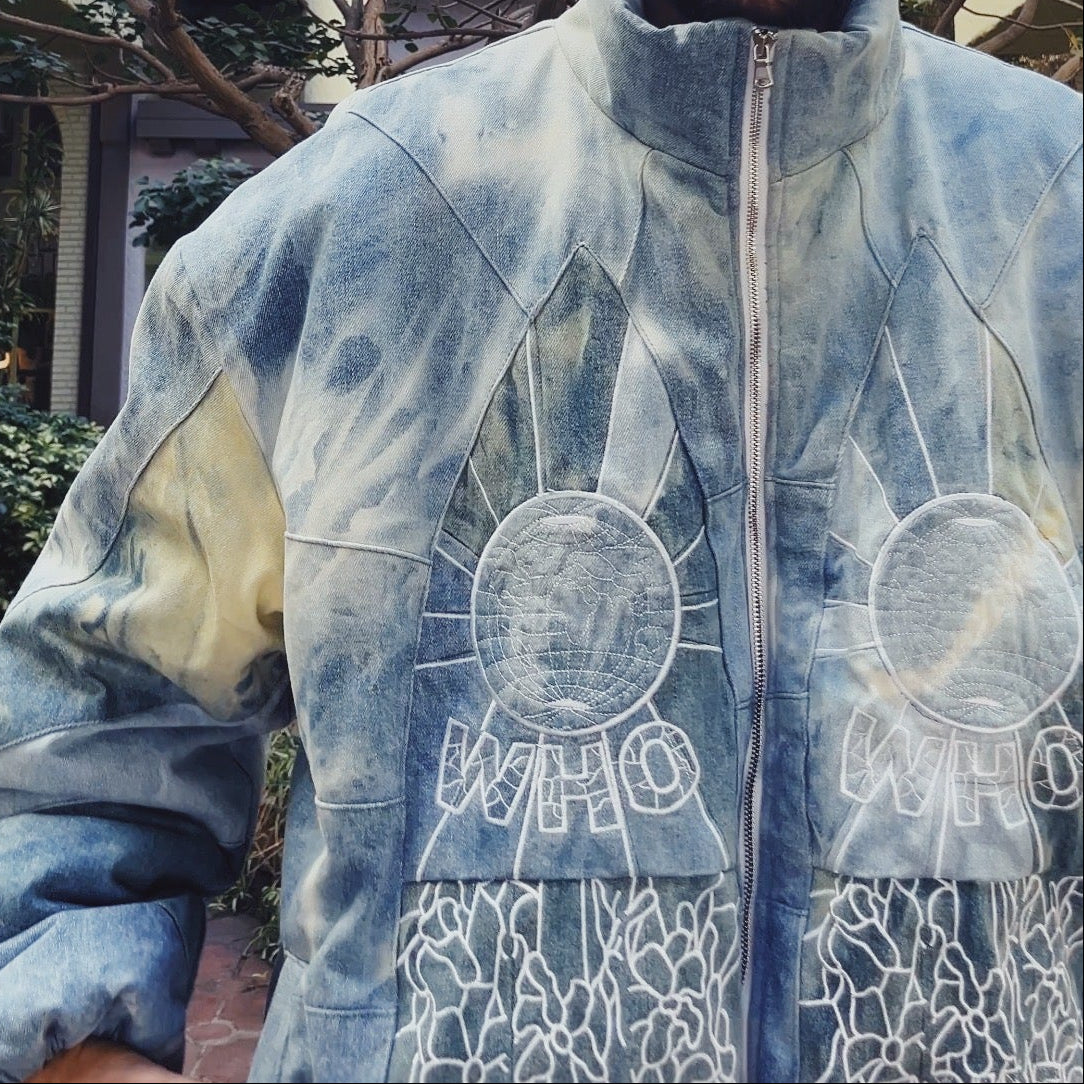 Who Decides War Embroidered Mosaic Denim Puffer Jacket in Firmament / XXL