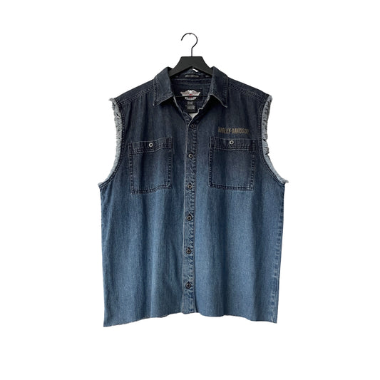 Harley Davidson Cropped Denim Sleeveless Shirt in Tidepool / LARGE