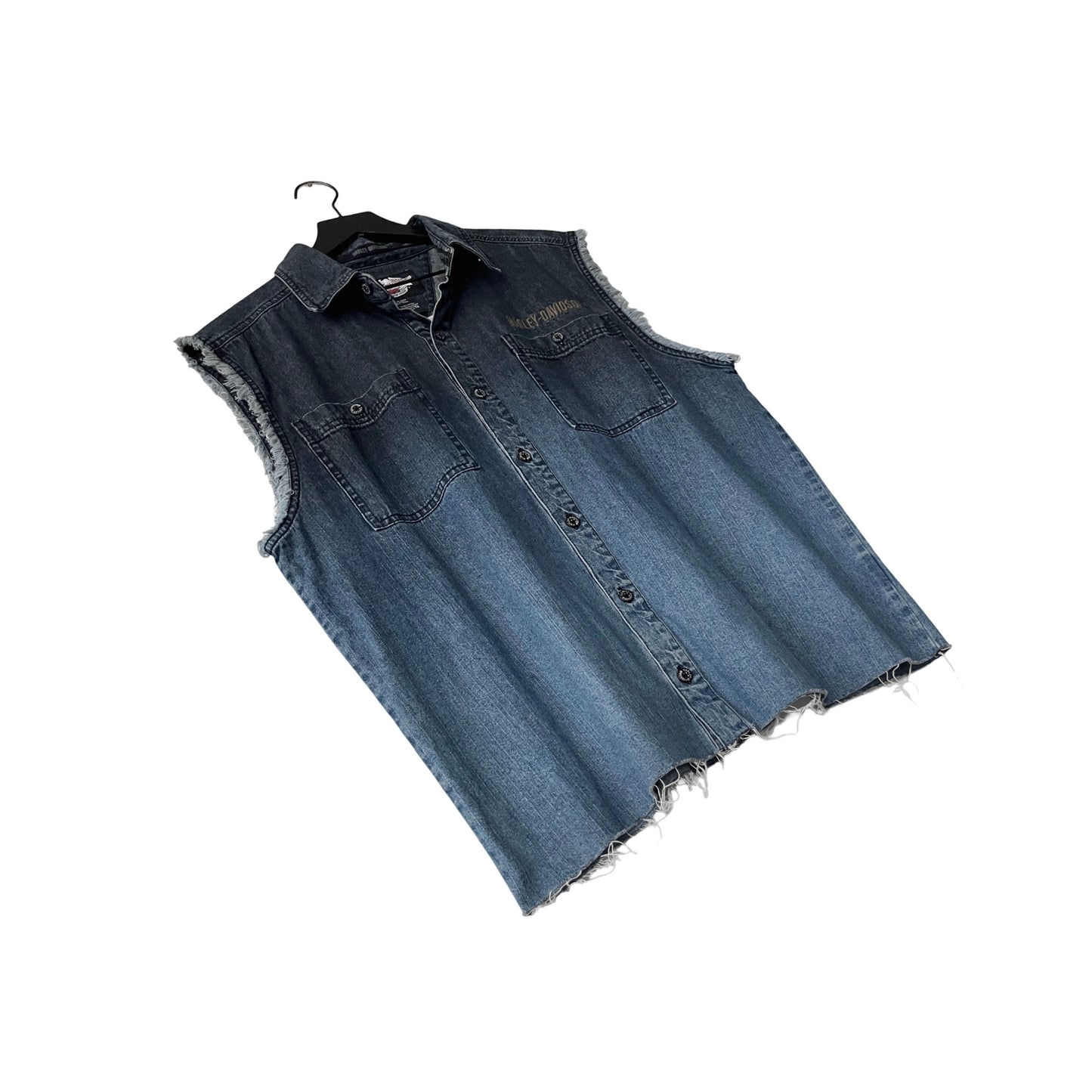 Harley Davidson Cropped Denim Sleeveless Shirt in Tidepool / LARGE