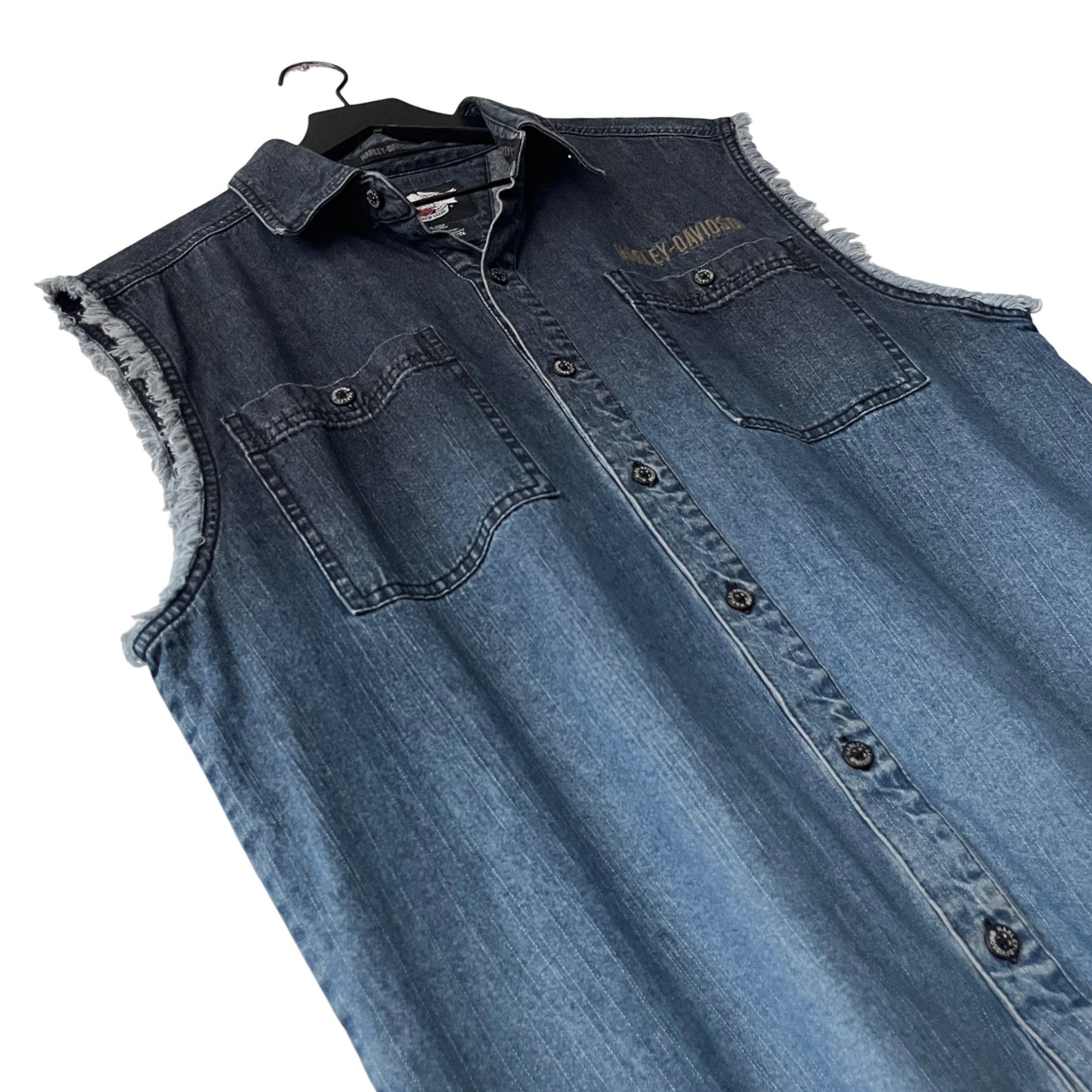 Harley Davidson Cropped Denim Sleeveless Shirt in Tidepool / LARGE
