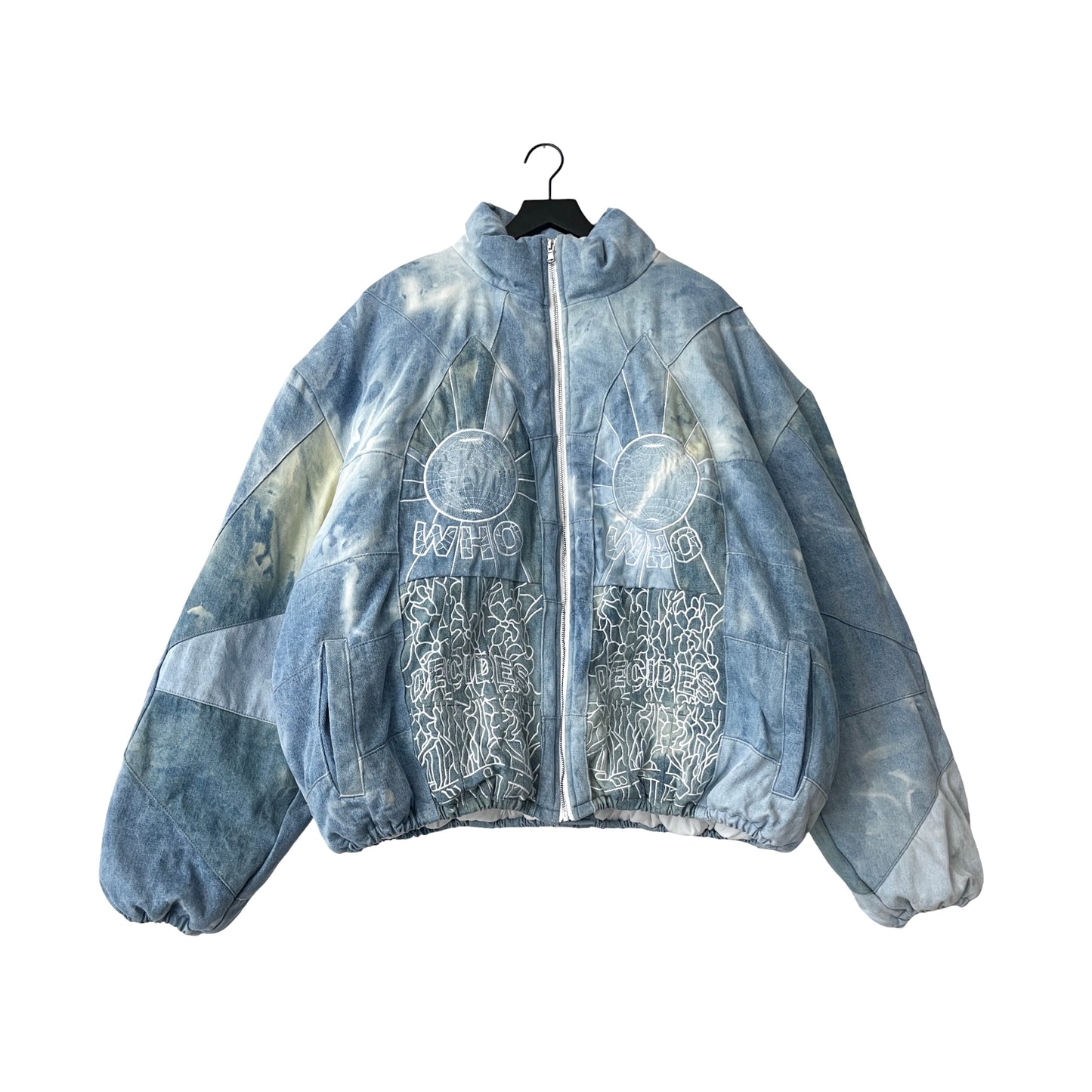 Who Decides War Embroidered Mosaic Denim Puffer Jacket in Firmament / XXL