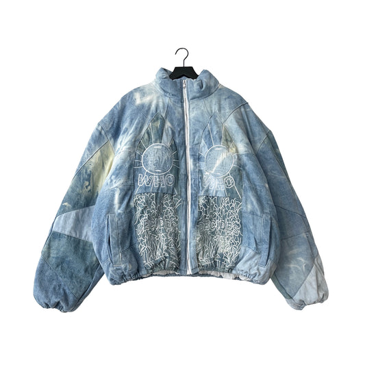 Who Decides War Embroidered Mosaic Denim Puffer Jacket in Firmament / XXL