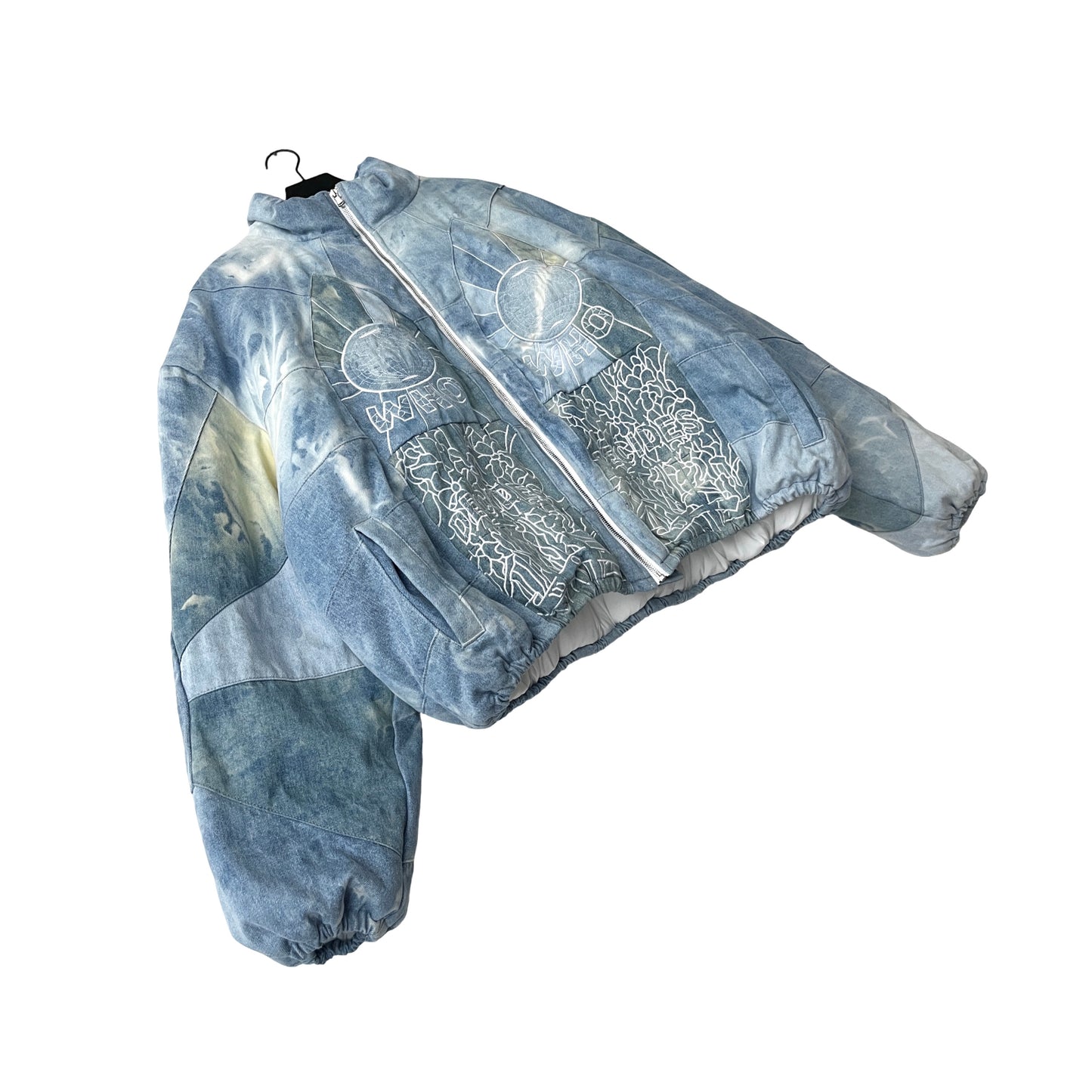 Who Decides War Embroidered Mosaic Denim Puffer Jacket in Firmament / XXL