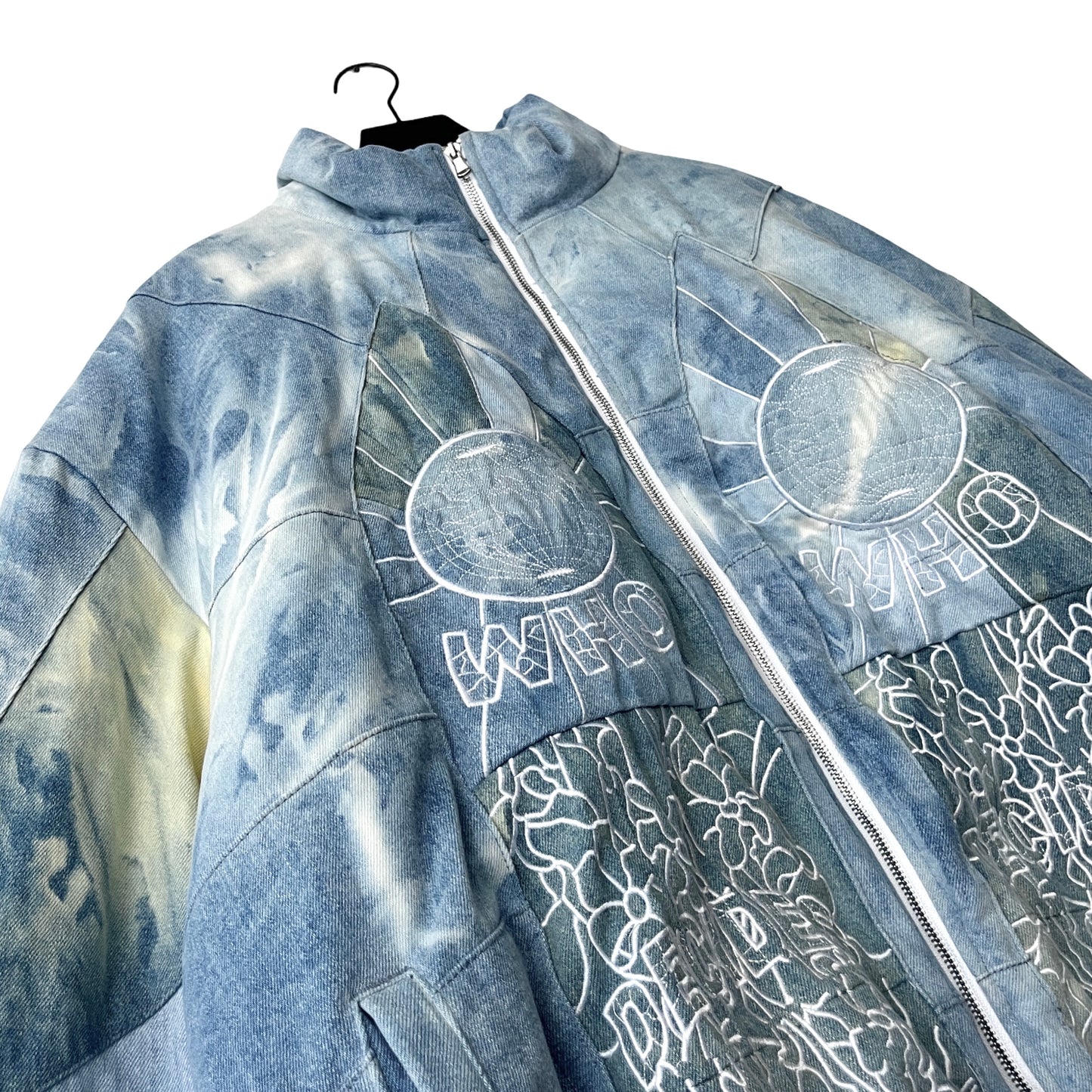 Who Decides War Embroidered Mosaic Denim Puffer Jacket in Firmament / XXL