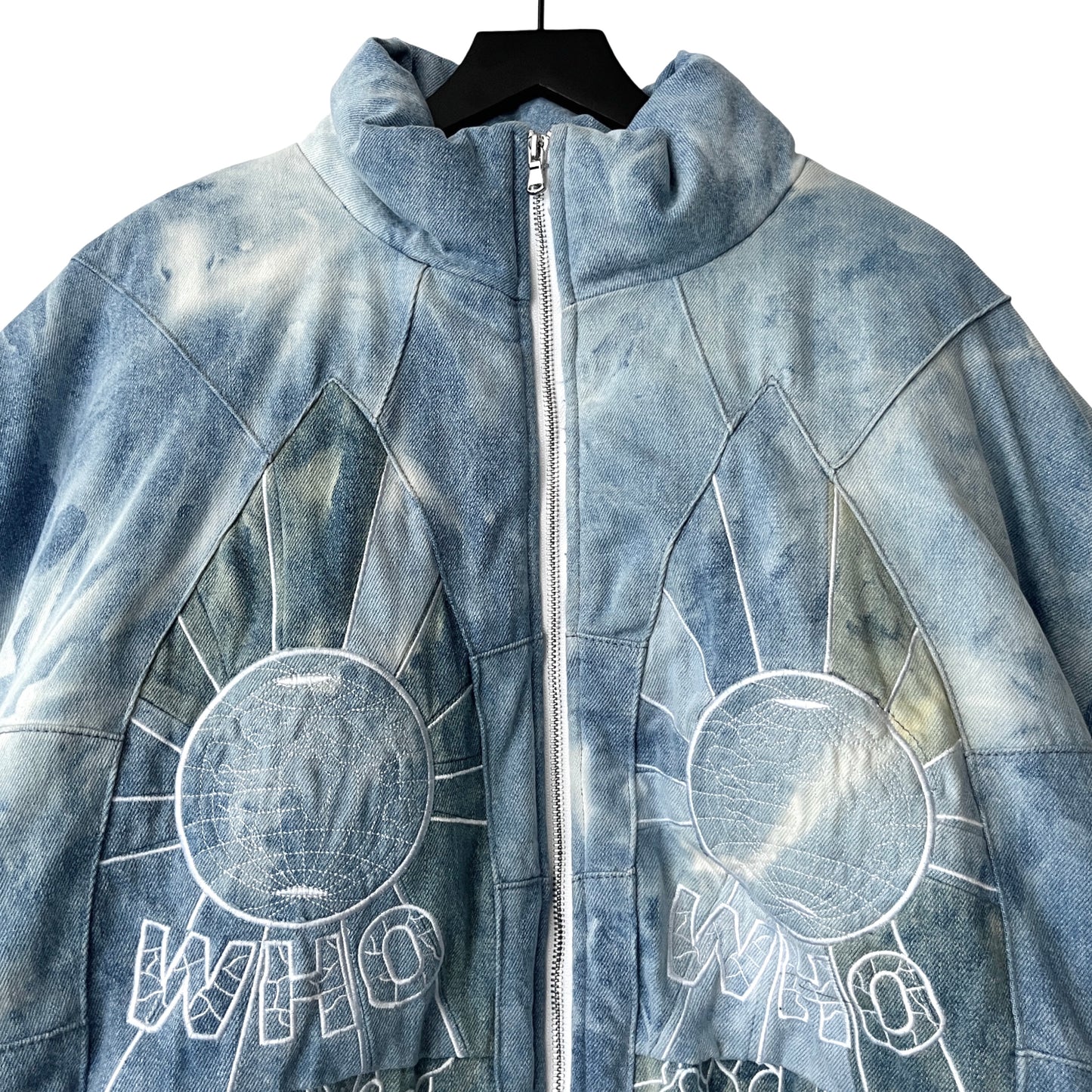 Who Decides War Embroidered Mosaic Denim Puffer Jacket in Firmament / XXL
