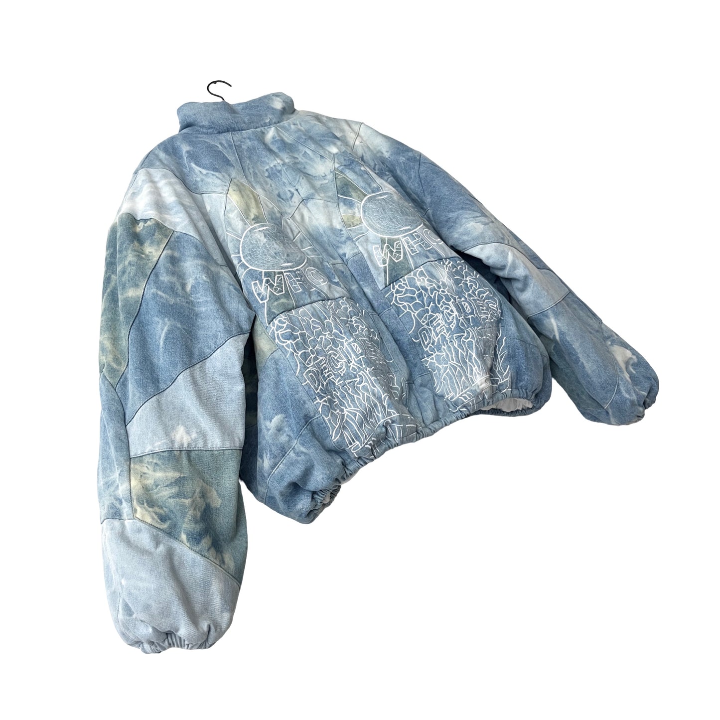 Who Decides War Embroidered Mosaic Denim Puffer Jacket in Firmament / XXL
