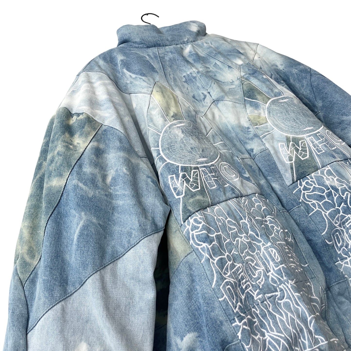 Who Decides War Embroidered Mosaic Denim Puffer Jacket in Firmament / XXL