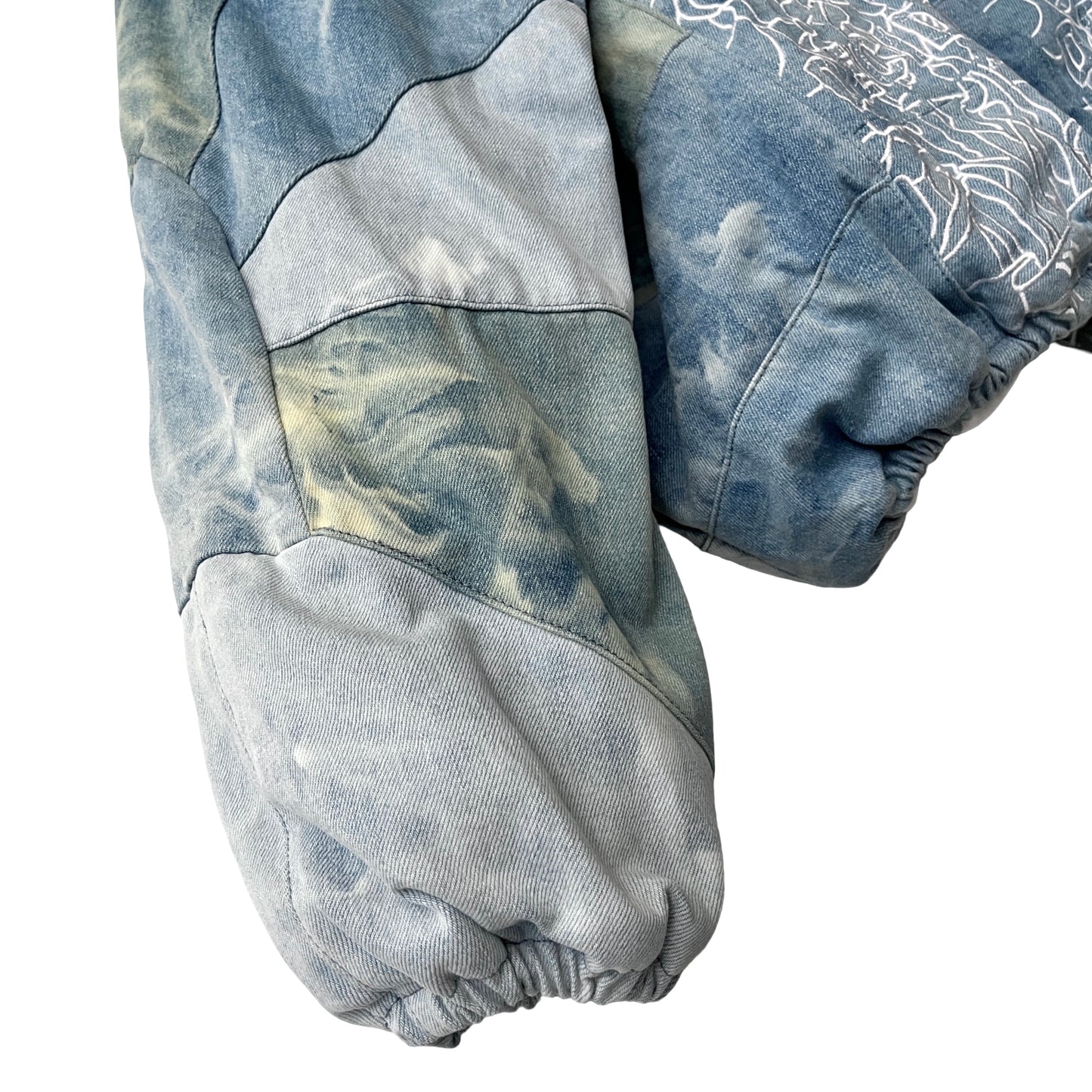 Who Decides War Embroidered Mosaic Denim Puffer Jacket in Firmament / XXL