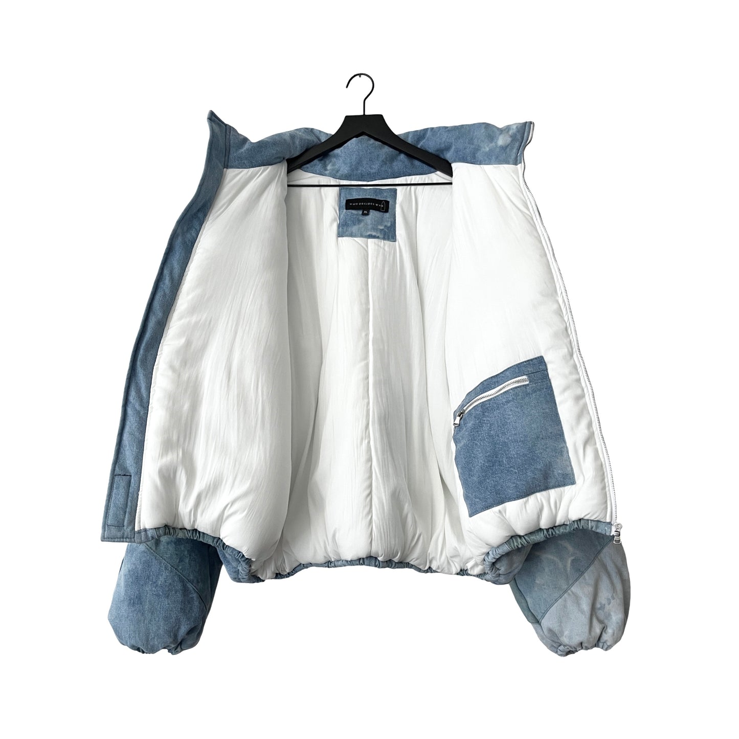 Who Decides War Embroidered Mosaic Denim Puffer Jacket in Firmament / XXL