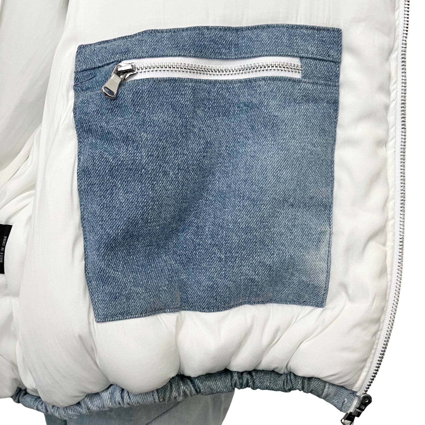 Who Decides War Embroidered Mosaic Denim Puffer Jacket in Firmament / XXL